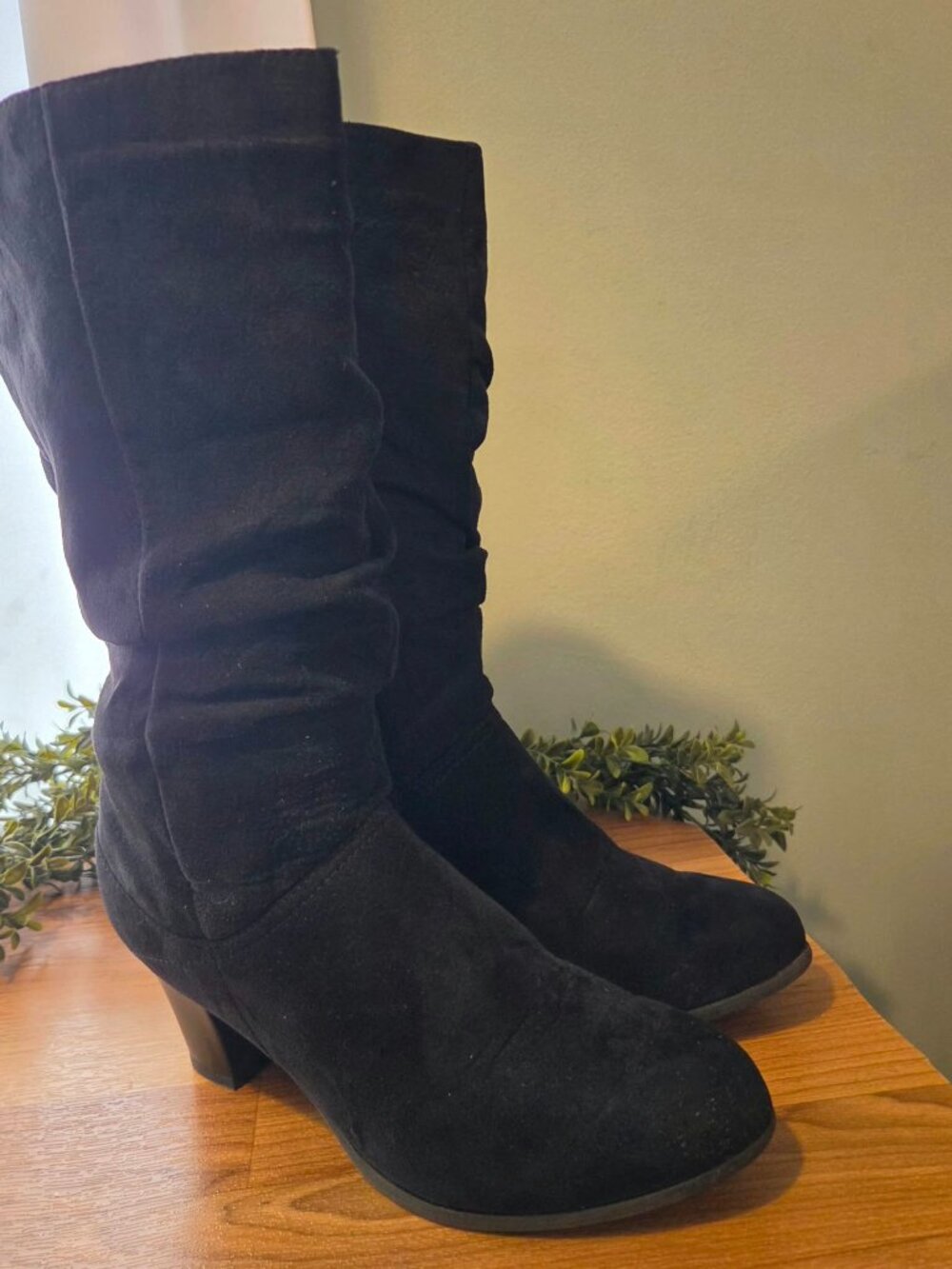 Black Faux Suede Slouchy Mid-Calf Boots with Block Heel - Size 10
